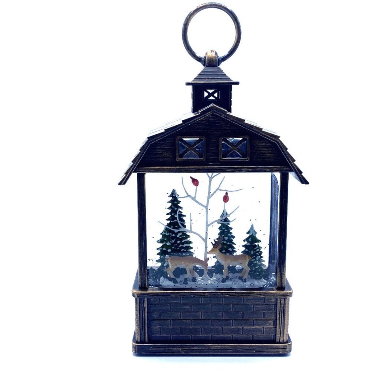 Christmas Snow Globe Lantern Reindeer with Cardinal bird on tree